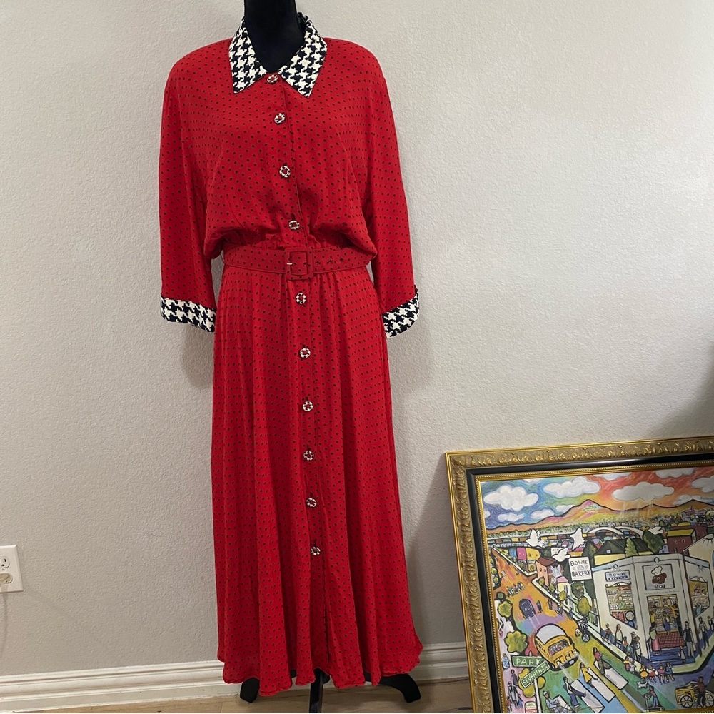 Vintage Carole Little 100% Rayon Polka Dot Houndstooth, Button-Up Dress, Belted